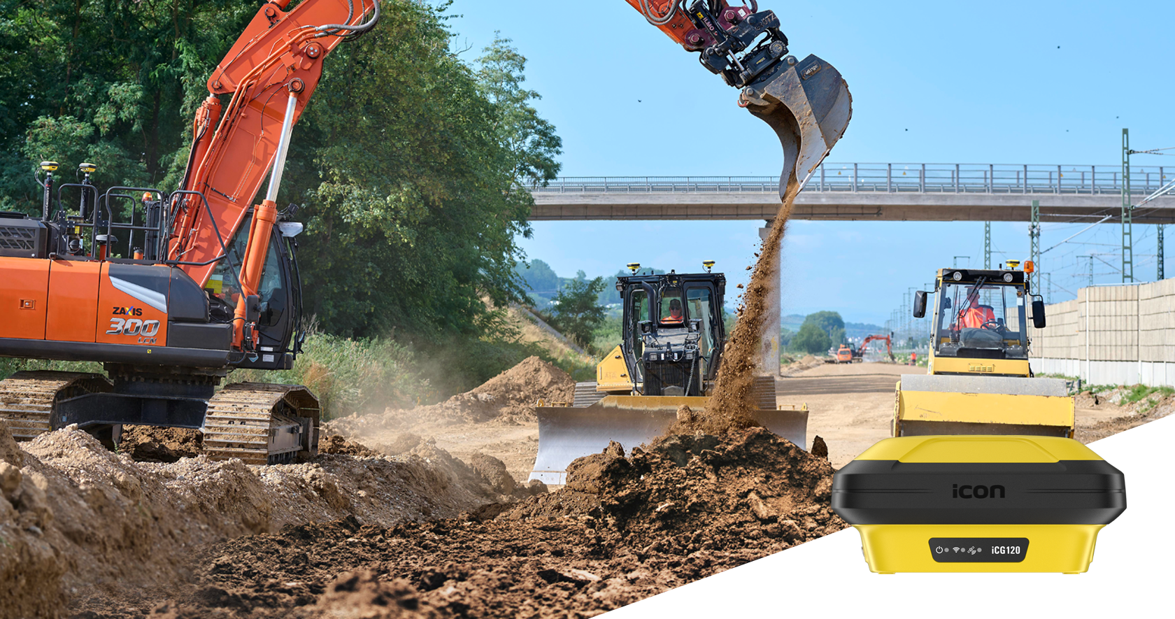 Hitachi excavator and CAT dozer doing earthmoving works using Leica MC1 machine control and iCON gps GNSS. 